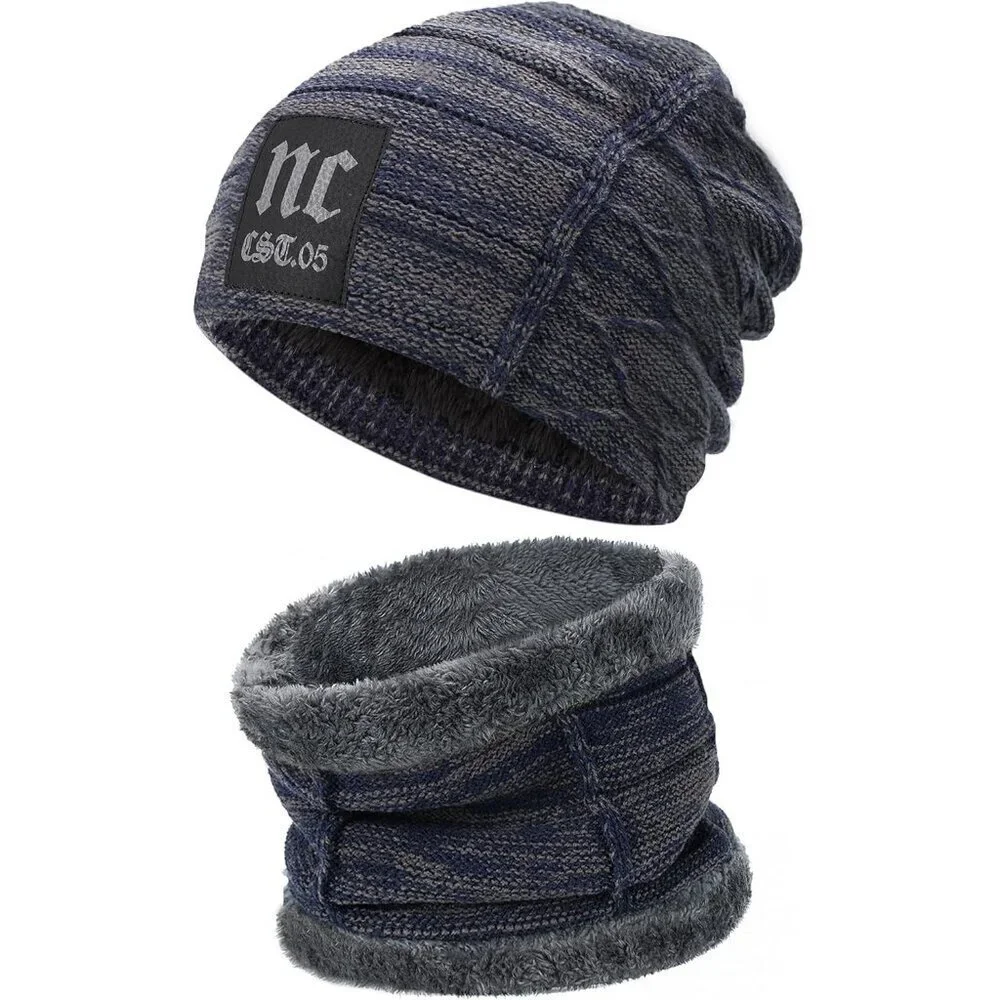 Men's Blue Winter Warm Knit Thick Fleece Lined Skull Beanie Hat Scarf Set
